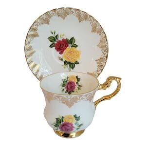Vintage Rosina Red Yellow Roses Cottagecore English Bone China Teacup Saucer